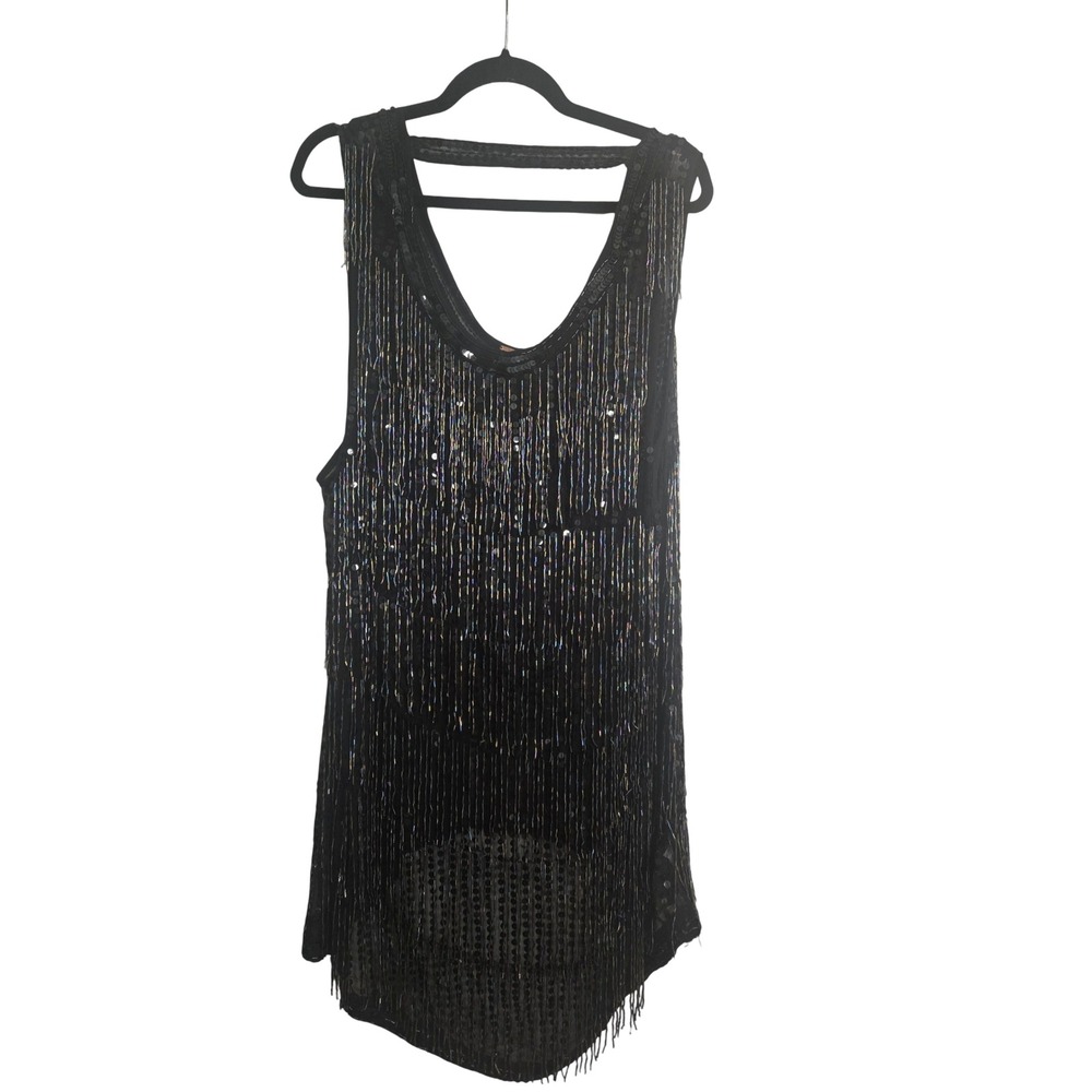 Free People Black Beaded Sequin High Low Tank Top Iridescent Bugle Beads Large - Picture 2 of 4